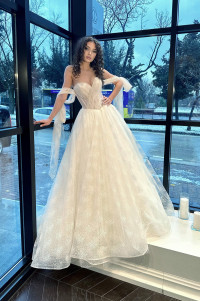 Printed tulle low sleeve A-line wedding dress TB1450