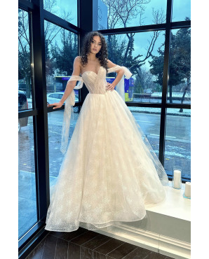 Printed tulle low sleeve A-line wedding dress TB1450