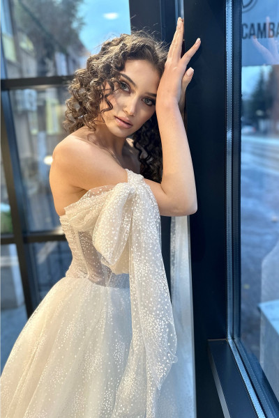 Printed tulle low sleeve A-line wedding dress TB1450