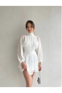 White chiffon dress with a straight collar TB1533
