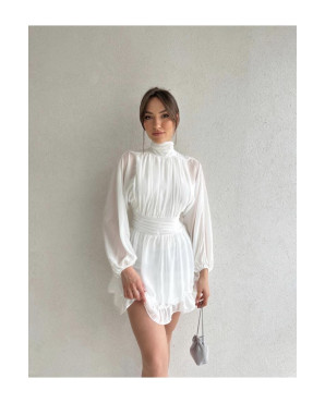 White chiffon dress with a straight collar TB1533