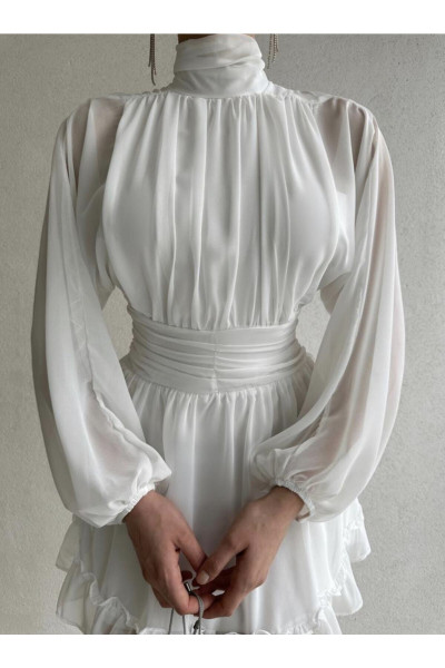 White chiffon dress with a straight collar TB1533