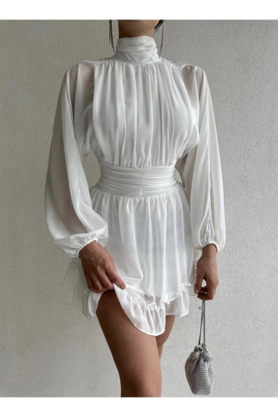 White chiffon dress with a straight collar TB1533