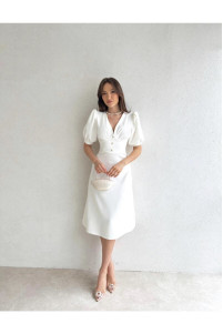 White midi dress with half sleeves and button details in white pearls TB1492