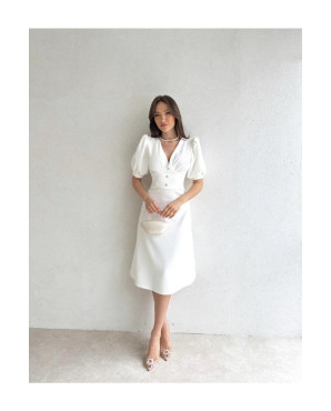 White midi dress with half sleeves and button details in white pearls TB1492