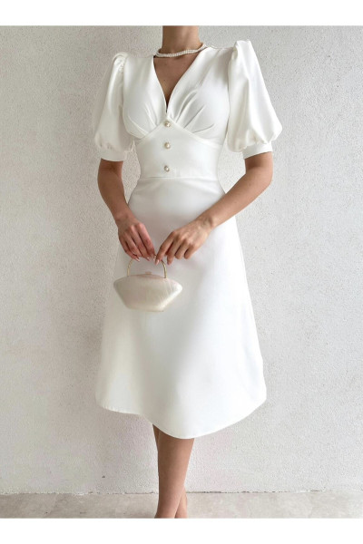White midi dress with half sleeves and button details in white pearls TB1492
