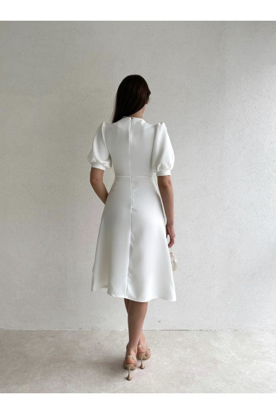 White midi dress with half sleeves and button details in white pearls TB1492