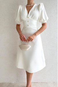 Short cotton satin evening dress with button details, V-neck, short sleeves, and midi length TB1549