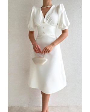 Short cotton satin evening dress with button details, V-neck, short sleeves, and midi length TB1549
