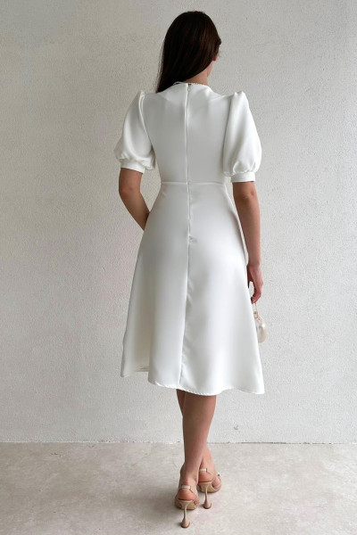 Short cotton satin evening dress with button details, V-neck, short sleeves, and midi length TB1549