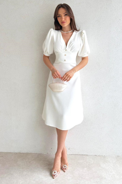 Short cotton satin evening dress with button details, V-neck, short sleeves, and midi length TB1549