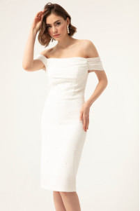 Woman in white pearl-embellished boat neck midi dress TB1503