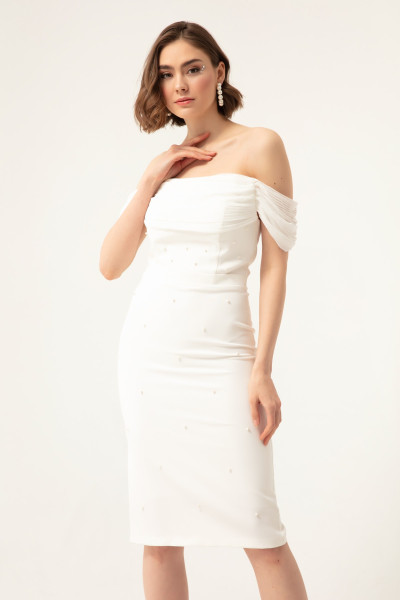 Woman in white pearl-embellished boat neck midi dress TB1503