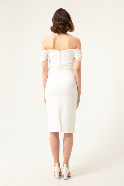 Woman in white pearl-embellished boat neck midi dress TB1503