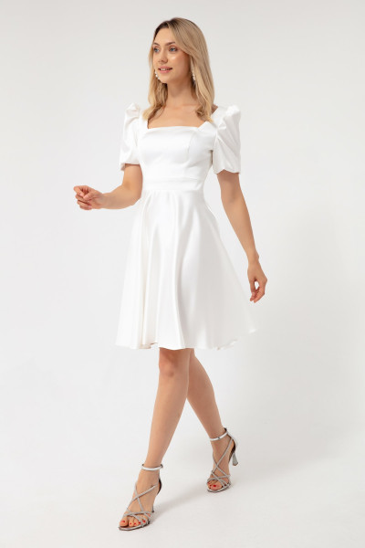 Balloon sleeve satin midi evening dress TB1507