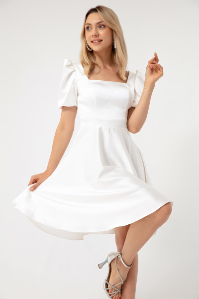 Balloon sleeve satin midi evening dress TB1507