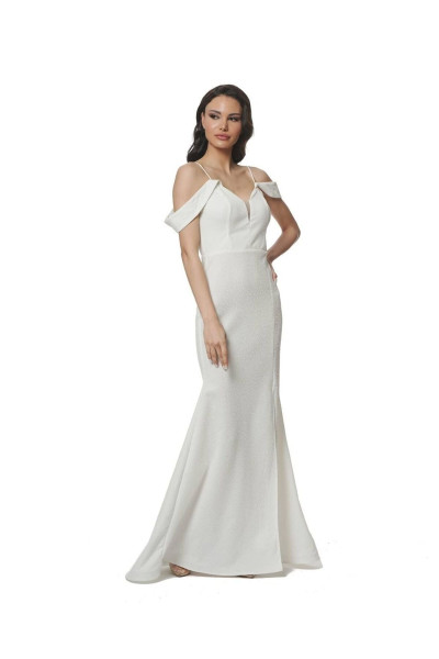 Wedding dress with lace collar, sequins, and slit TB1398