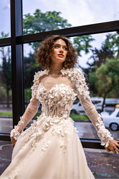 Portable long-sleeved A-line wedding dress with multi-dimensional floral print TB1449