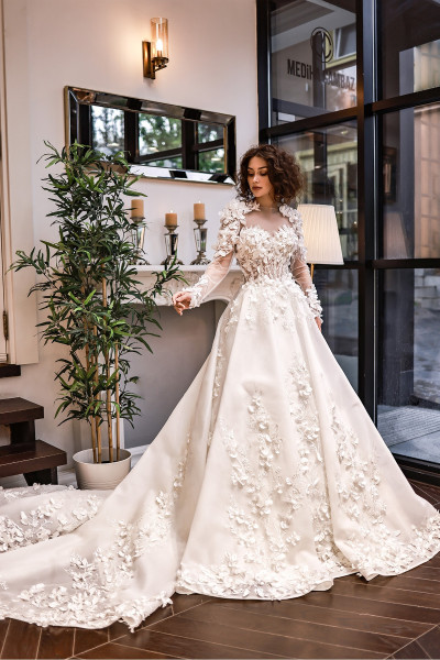 Portable long-sleeved A-line wedding dress with multi-dimensional floral print TB1449
