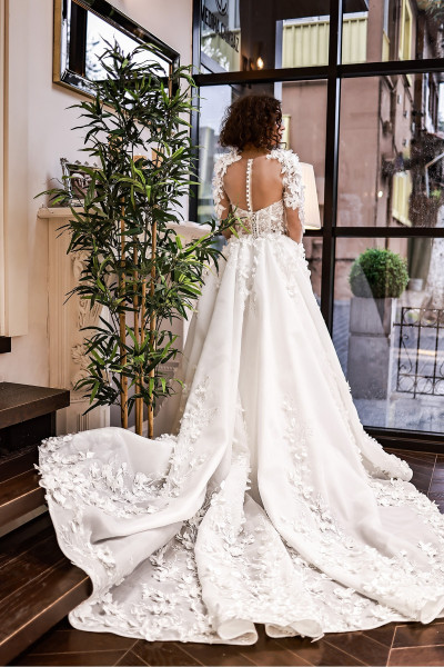 Portable long-sleeved A-line wedding dress with multi-dimensional floral print TB1449