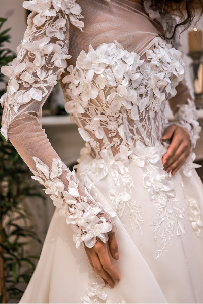 Portable long-sleeved A-line wedding dress with multi-dimensional floral print TB1449