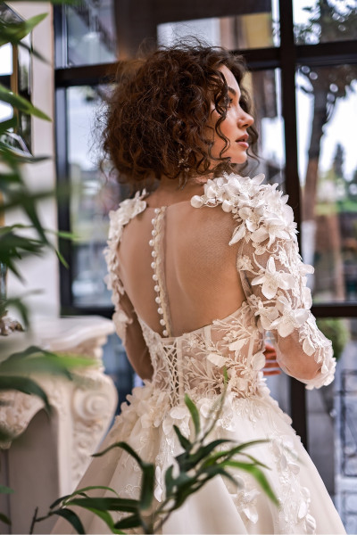 Portable long-sleeved A-line wedding dress with multi-dimensional floral print TB1449