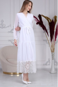 White chiffon dress with lace details and belt TB1517