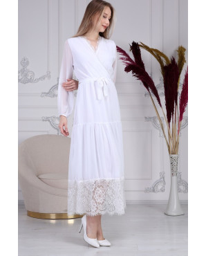 White chiffon dress with lace details and belt TB1517