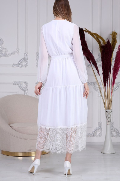 White chiffon dress with lace details and belt TB1517