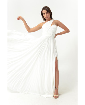 Women's white one-shoulder long evening dress with a slit TB1499