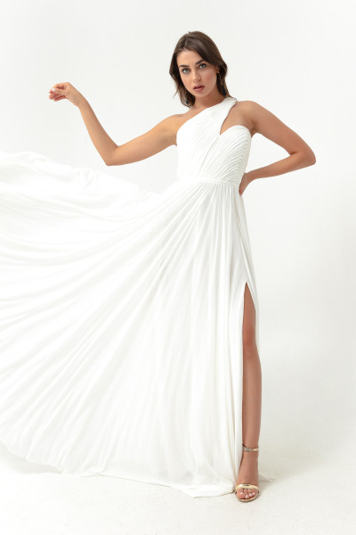 Women's white one-shoulder long evening dress with a slit TB1499 Women's white one-shoulder long evening dress with a slit TB1499