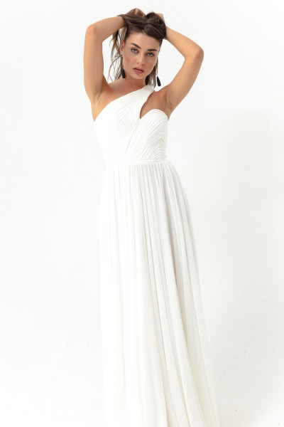 Women's white one-shoulder long evening dress with a slit TB1499