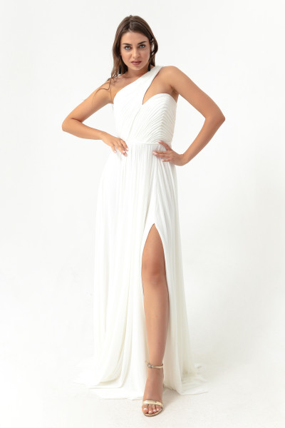 Women's white one-shoulder long evening dress with a slit TB1499