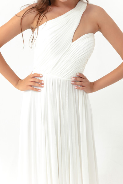 Women's white one-shoulder long evening dress with a slit TB1499