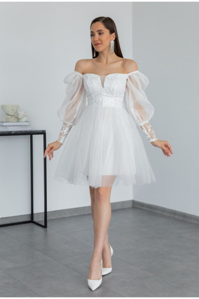 Lace mini tulle white wedding dress TB1547 Lace mini tulle white wedding dress TB1547