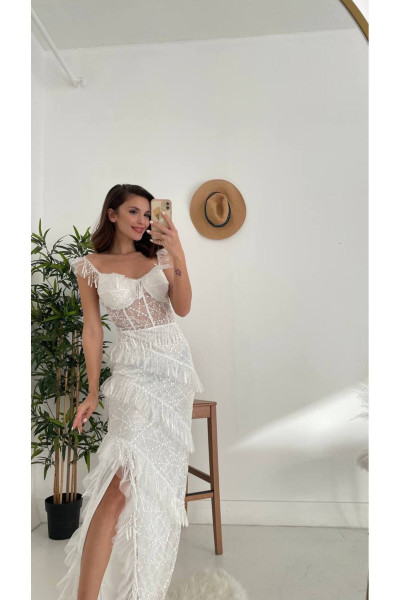 White wedding dress with sequin details and ruffles TB1388