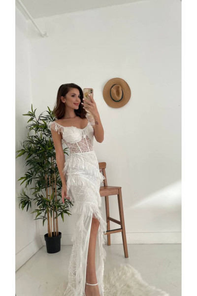 White wedding dress with sequin details and ruffles TB1388