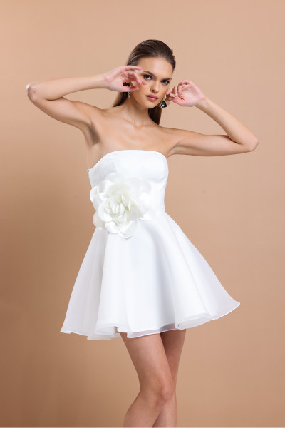 Strapless mini dress with flower details TB1531 Strapless mini dress with flower details TB1531