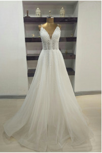 Crystal-embellished spaghetti strap wedding dress TB1412