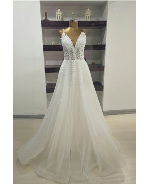 Crystal-embellished spaghetti strap wedding dress TB1412