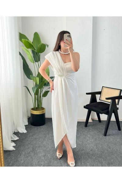 White one-shoulder midi wedding dress TB1534 White one-shoulder midi wedding dress TB1534