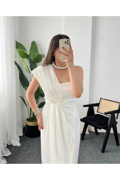 White one-shoulder midi wedding dress TB1534